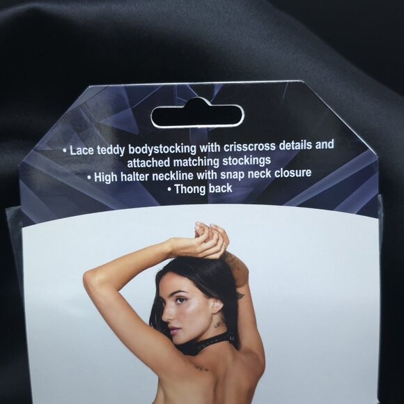 Dreamgirl Lace Teddy Bodystocking w/ Halter, Stockings, Thong Back OS Black - Picture 5 of 9